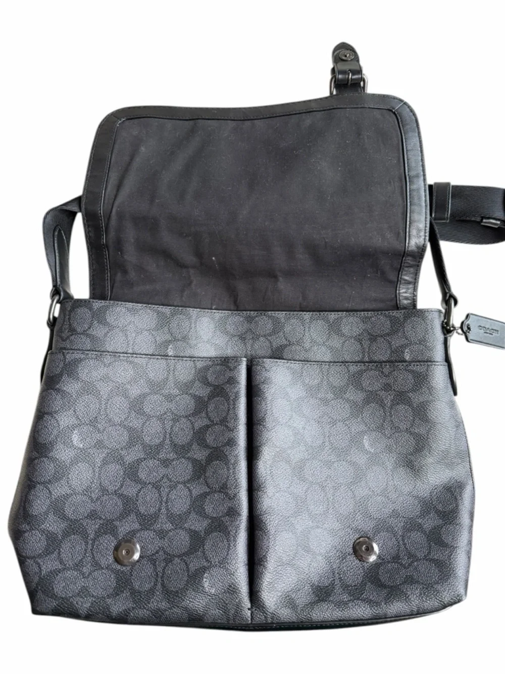 COACH Black‎ Gray Signature Canvas and Leather Messenger Bag Metropolitan Canvas